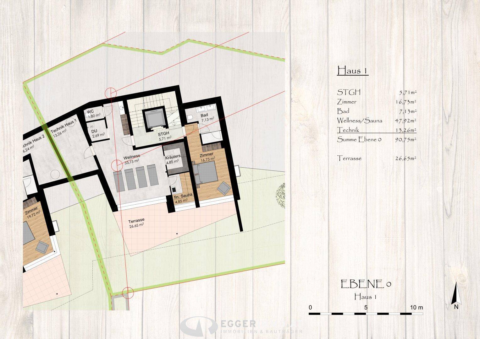 Grundriss der Ebene 0 von Haus 1 mit Wellnessbereich, Sauna und großer Terrasse.