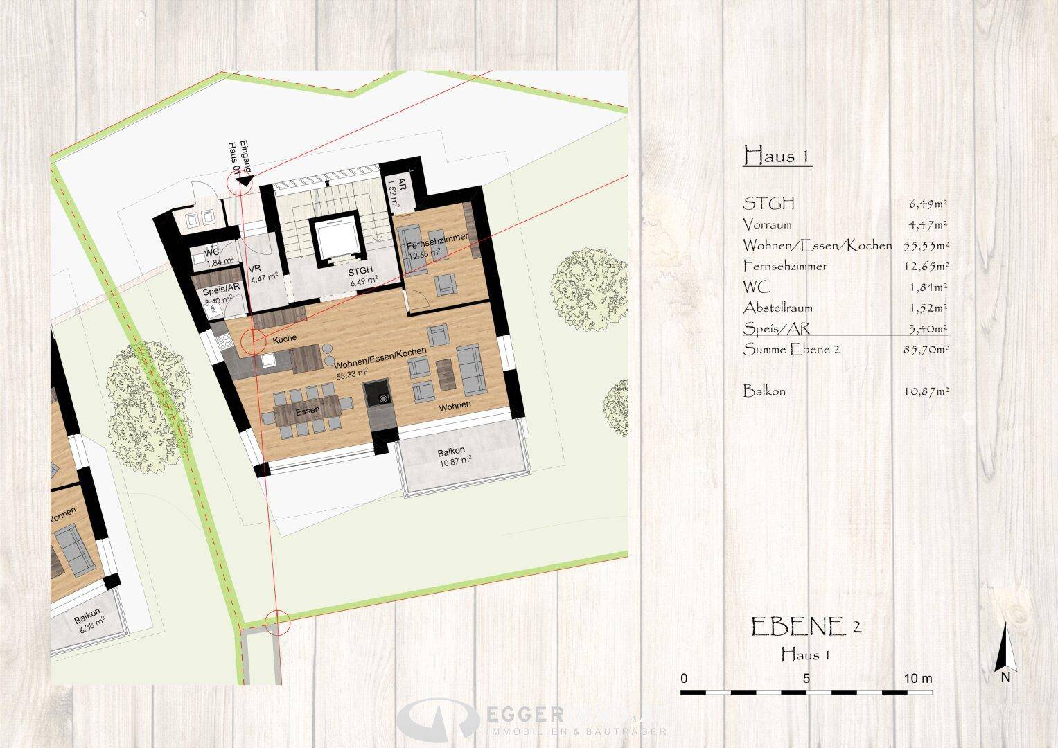 Grundriss der Ebene 2 von Haus 1 mit offenem Wohn-Ess-Kochbereich, Balkon und Gäste-WC.