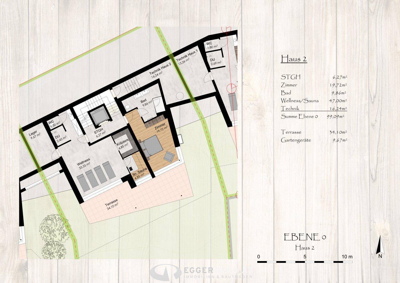 Grundriss der Ebene 0 von Haus 2 mit Wellnessbereich, Zimmern und Terrasse.