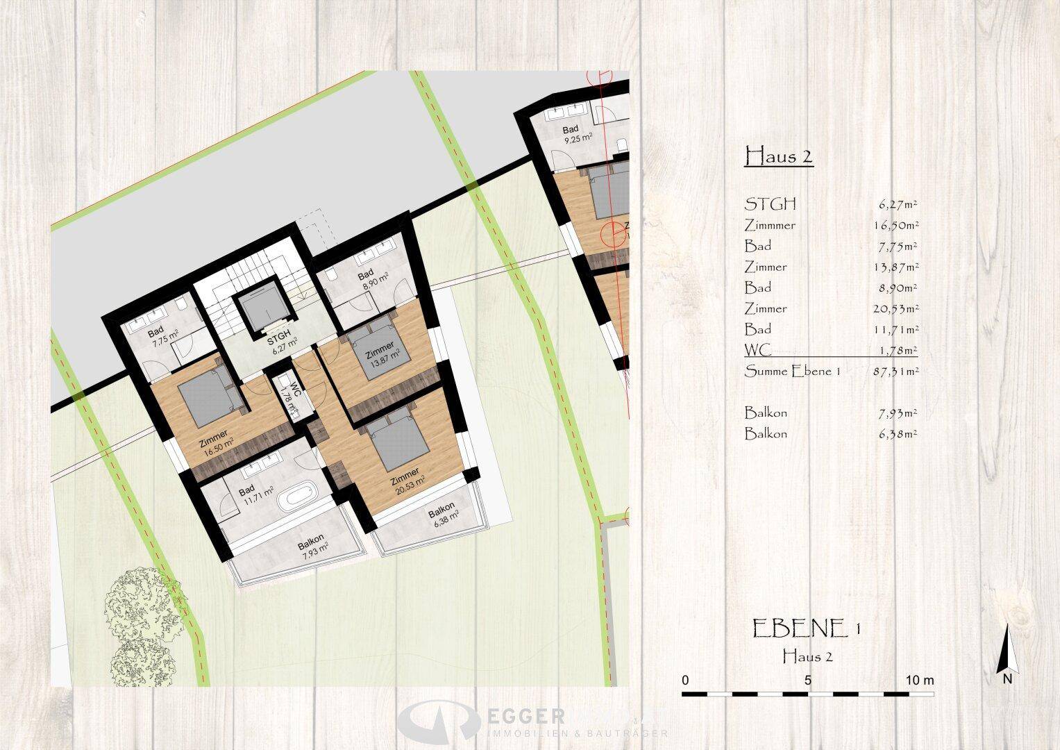 Grundriss der Ebene 1 von Haus 2 mit mehreren Schlafzimmern und Bädern.