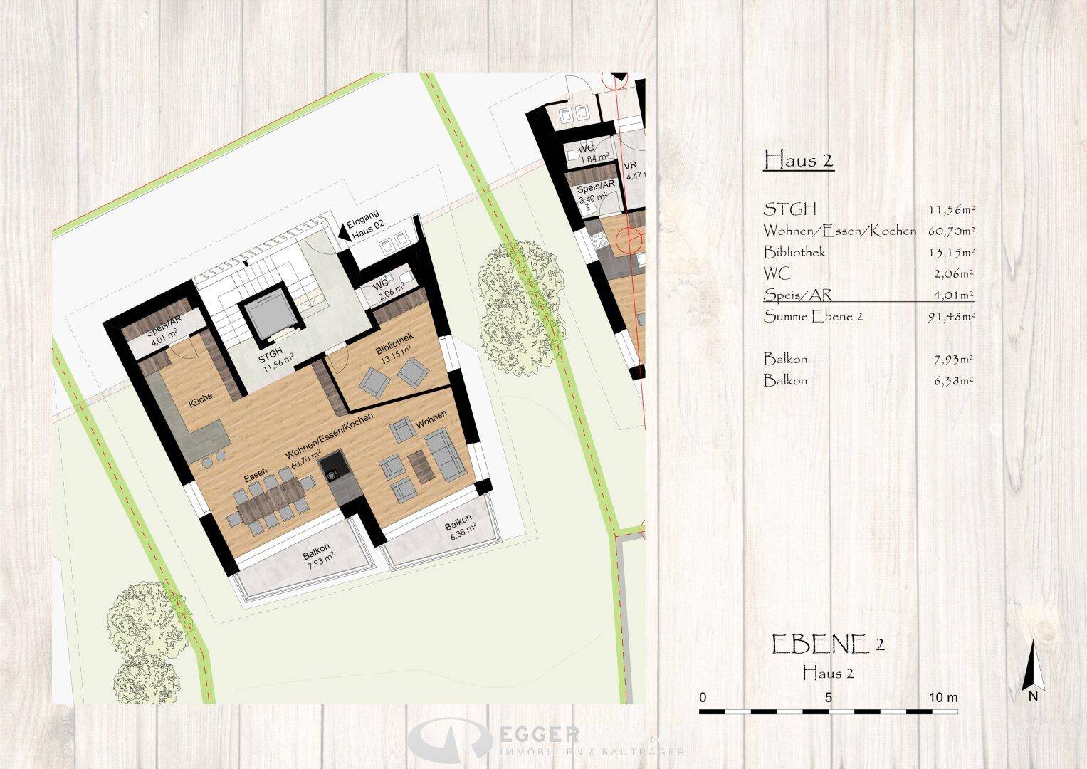 Grundriss der Ebene 2 von Haus 2 mit offenem Wohn-Essbereich und Balkonen.