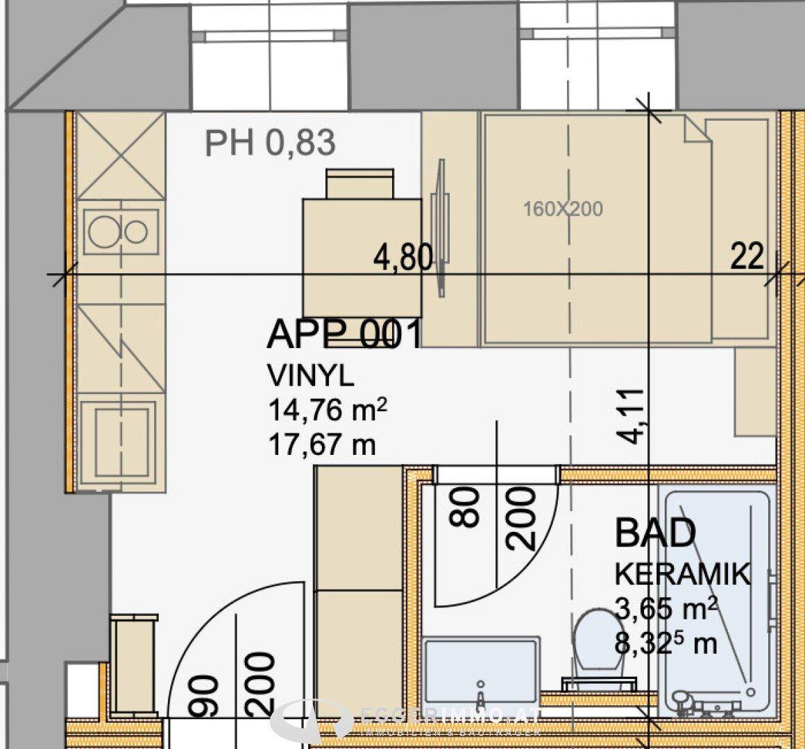 Grundriss einer Wohnung mit Schlafbereich, Küchenzeile und Badezimmer.