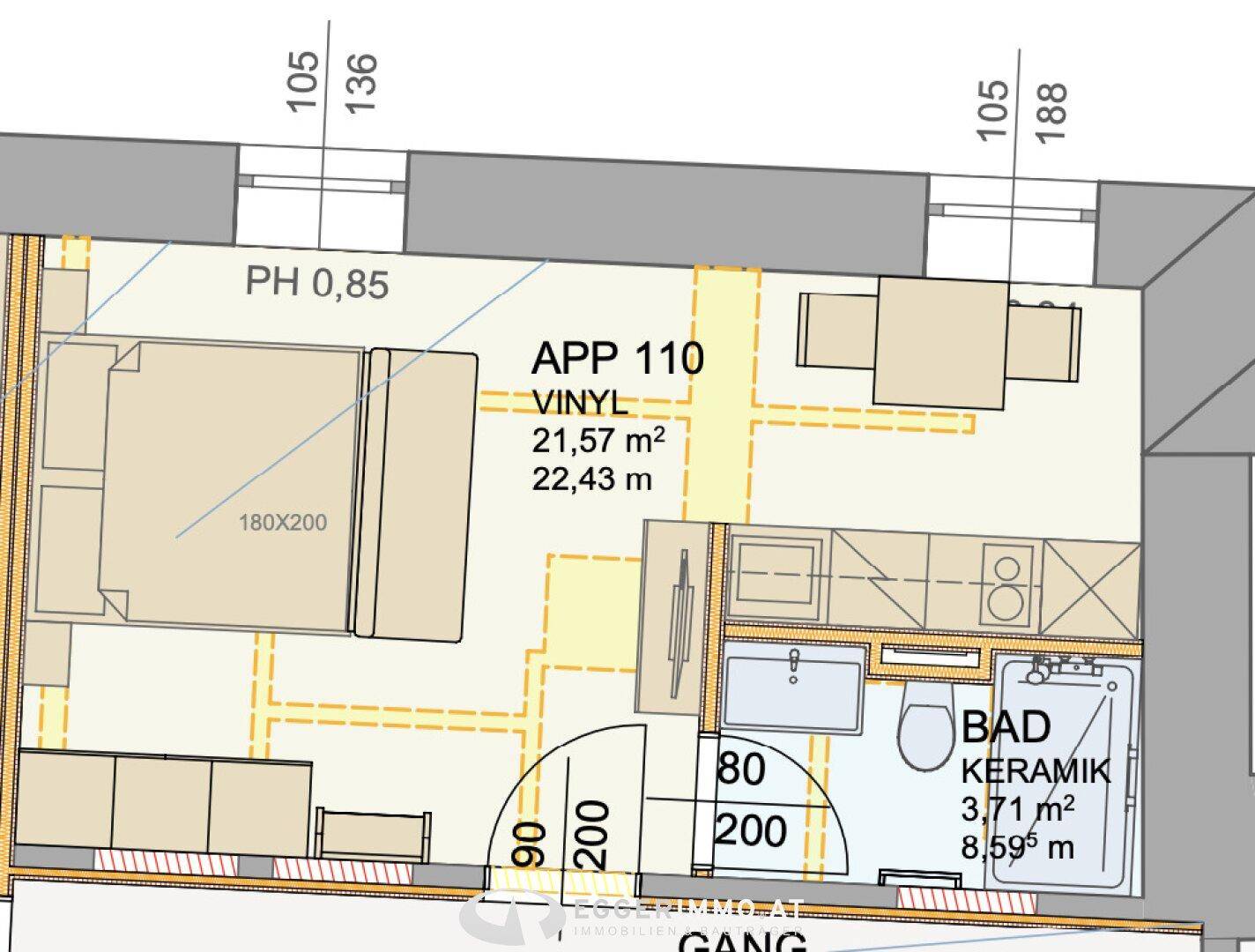 Grundriss der Wohnung 110 mit offenem Wohn-/Schlaf-/Kochbereich und Badezimmer.