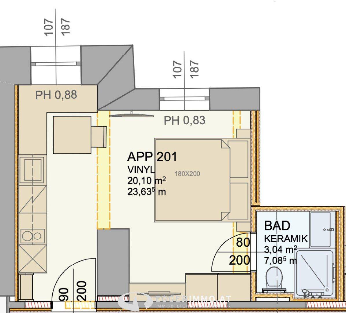 Grundriss der Wohnung APP 201 mit offenem Wohn-Schlafbereich und Badezimmer.