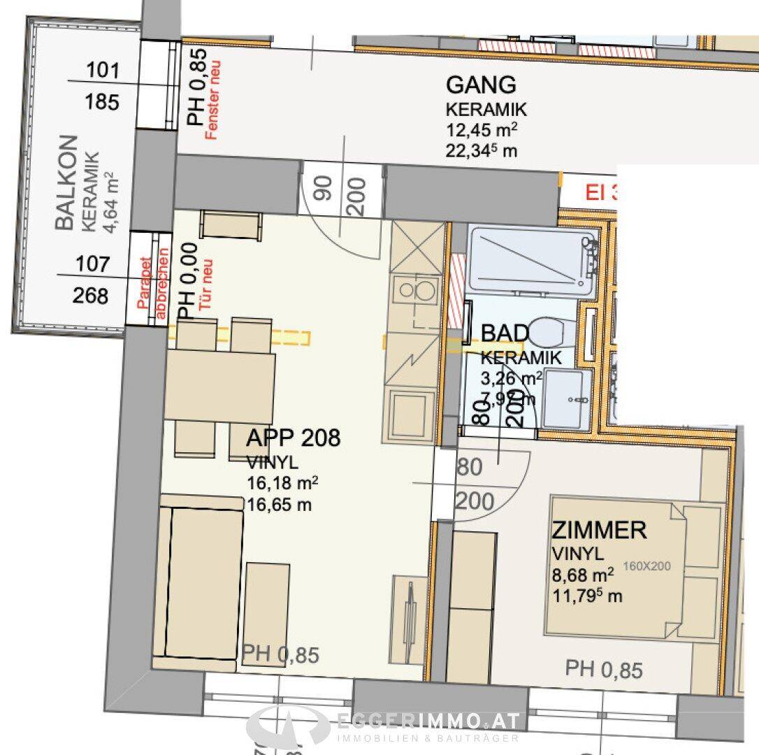 Grundriss einer Wohnung mit Balkon, Bad und zwei Zimmern, inklusive Dachschräge.