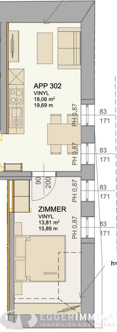 Grundriss einer Wohnung mit offenem Wohnbereich, Küchenzeile und separatem Zimmer.