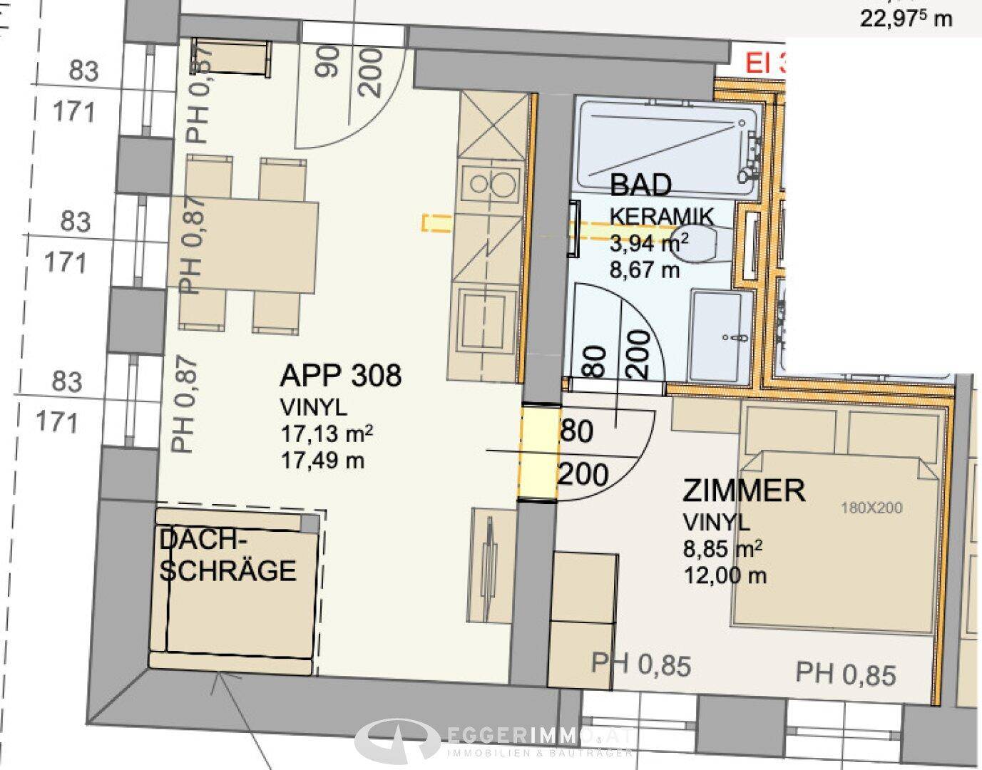 Grundriss der Wohnung APP 308 mit Schlafzimmer, Bad und Dachschräge.