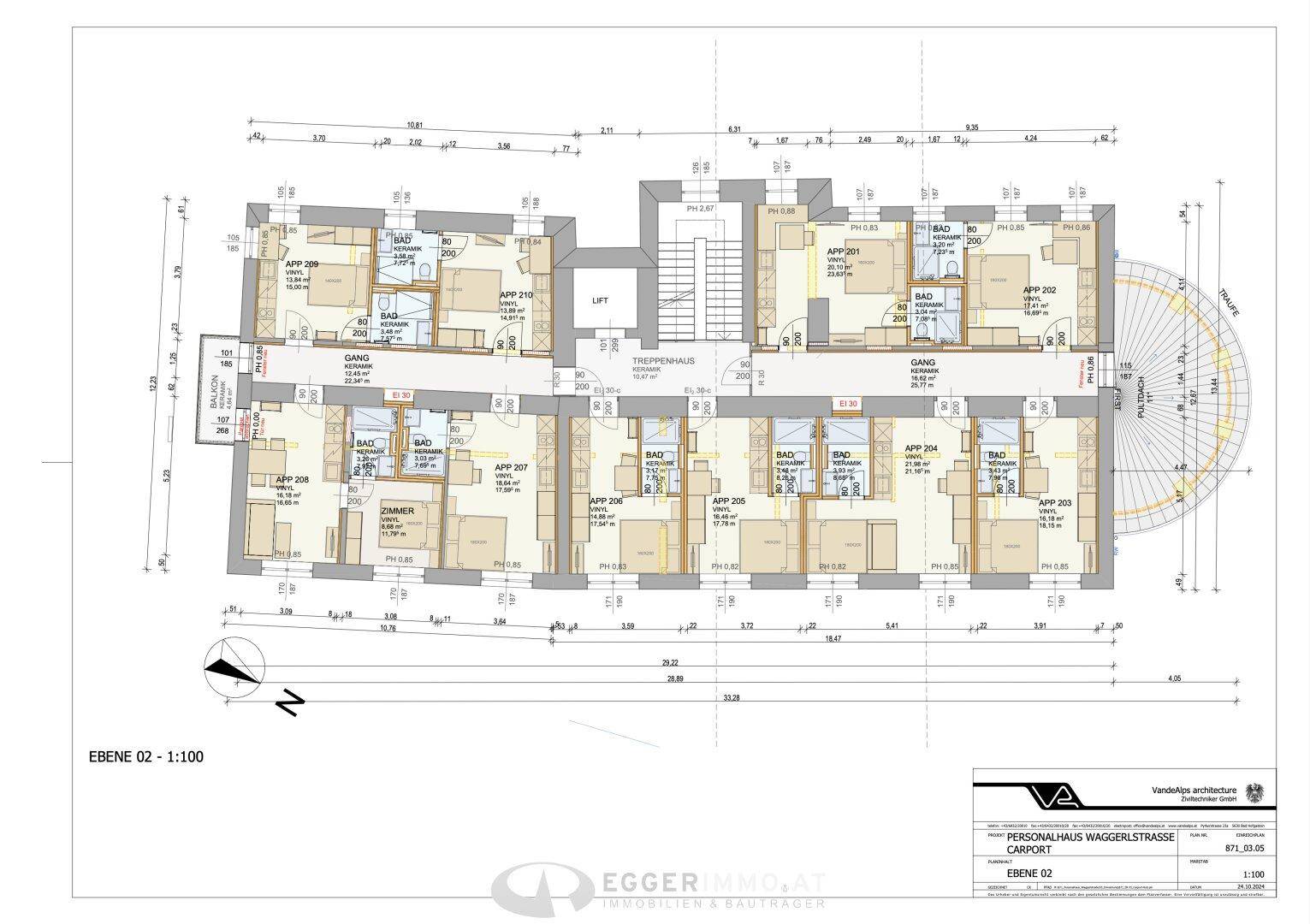 Grundriss der Ebene 02 mit mehreren Wohneinheiten, Bädern, Schlafzimmern und Balkonen.