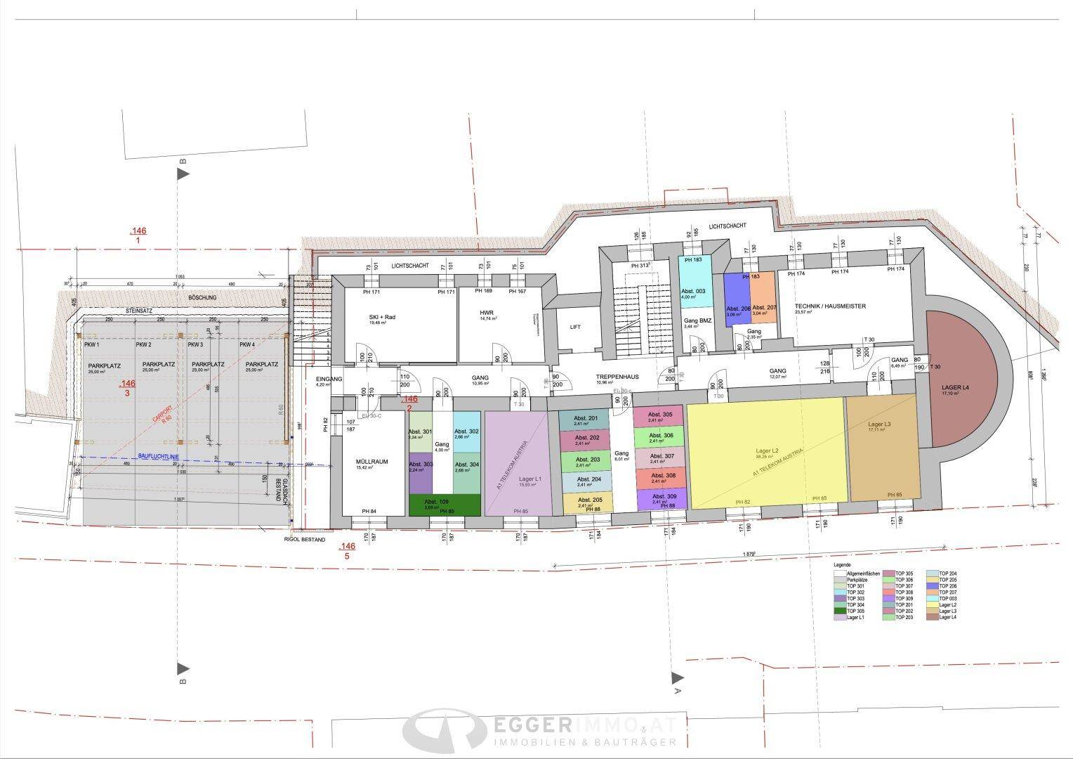 Grundriss der Ebene 00 mit mehreren Wohneinheiten, Treppenhaus und Aufzug.
