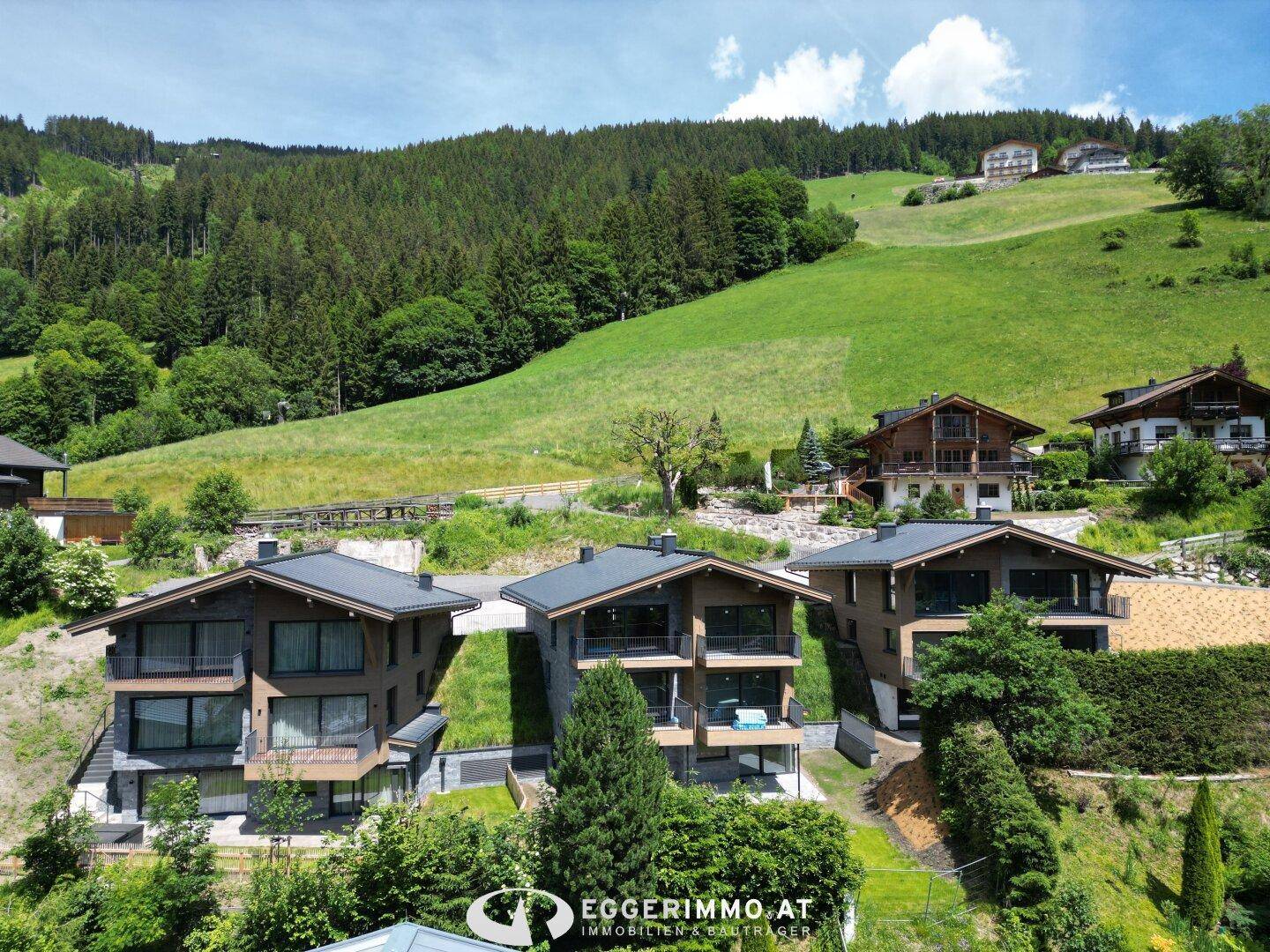 Mehrere moderne Chalets in alpiner Landschaft mit grünen Hängen und Bergblick.