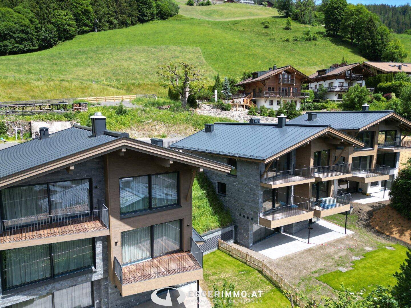 Moderne Chalets in einer grünen Berglandschaft, umgeben von üppiger Natur.