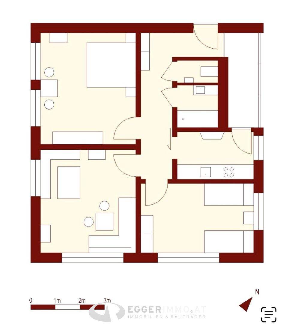 Funktionaler Grundriss einer Dreizimmerwohnung mit separater Küche und Balkonzugang.