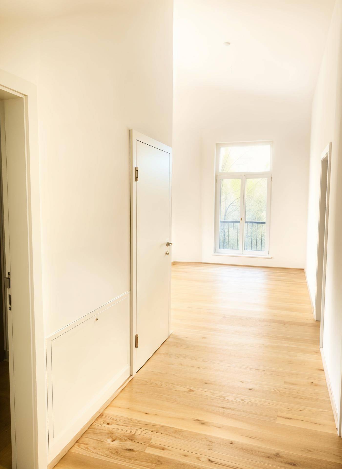 Heller Flur mit Holzboden und einer Tür, die zu einem französischen Balkon führt.