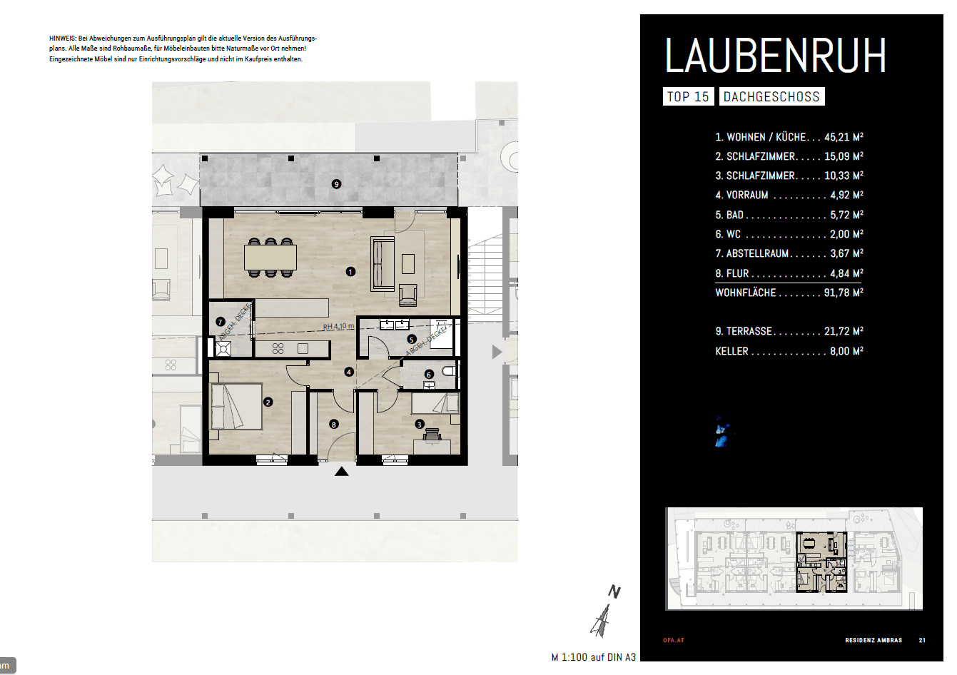 Grundriss des Dachgeschosses mit Wohnküche, Schlafzimmer und Terrasse.