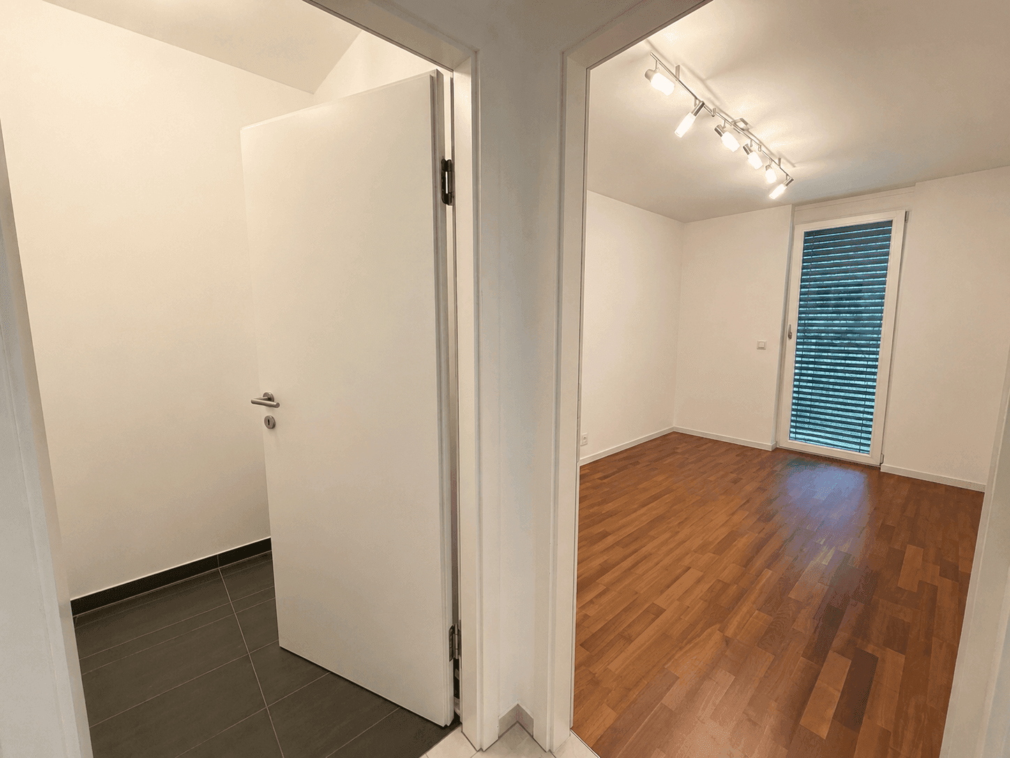 Heller Flur mit Zugang zu einem weiteren Zimmer mit Holzboden.