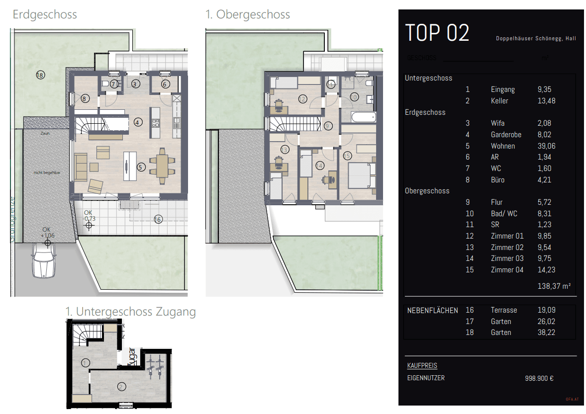 Detaillierter Grundriss von TOP 02 mit Erdgeschoss, Obergeschoss und Untergeschosszugang.