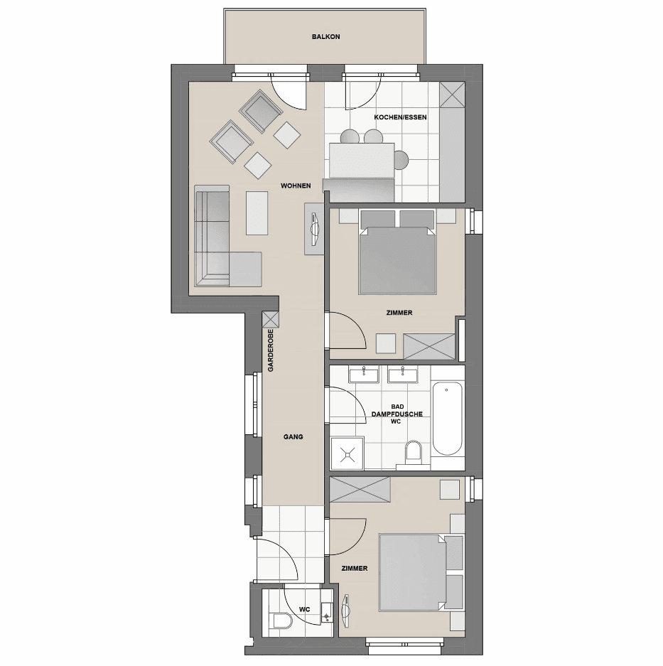 Detaillierter Grundriss einer Wohnung mit Balkon, zwei Zimmern und offenem Wohn-Essbereich.