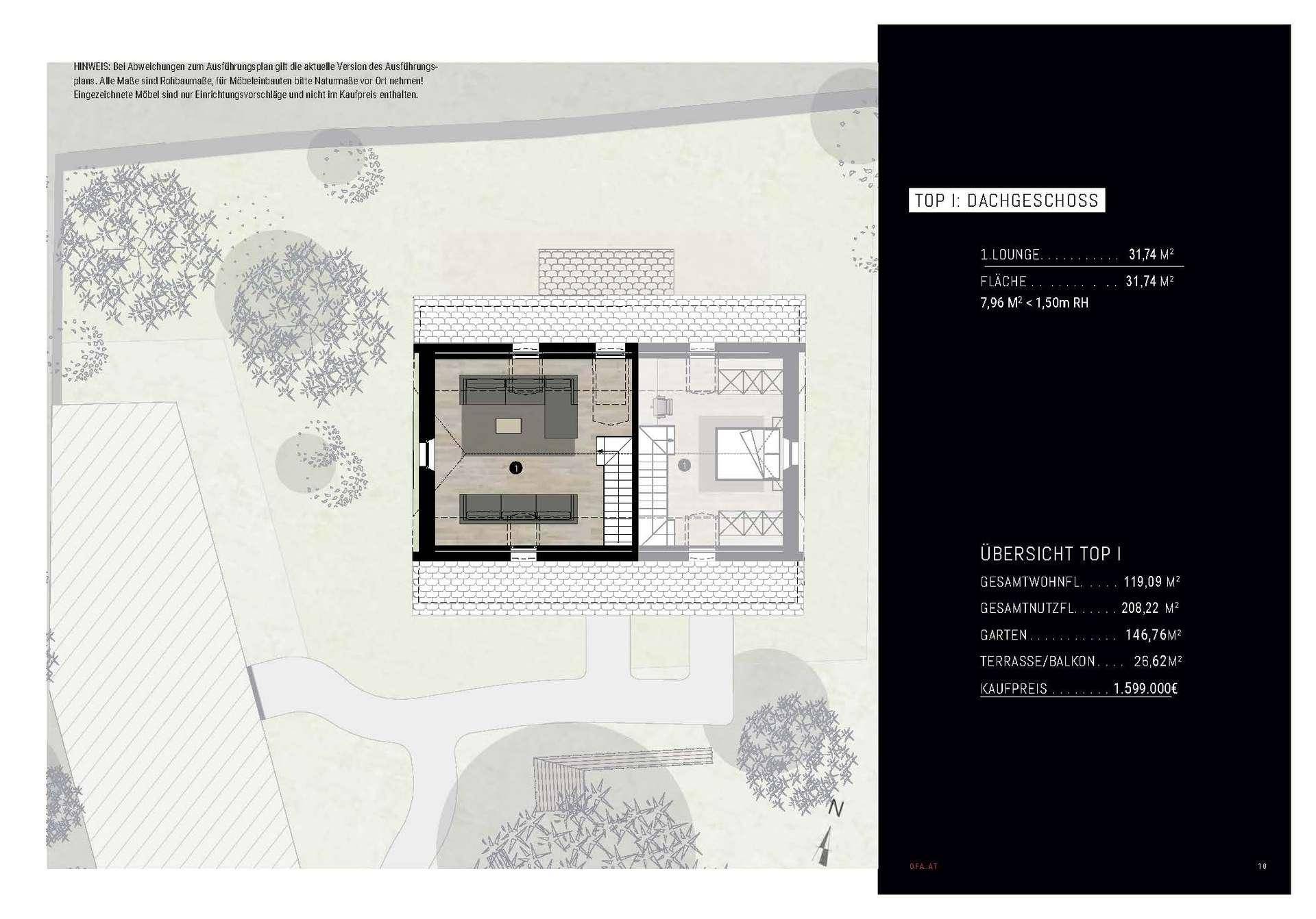 Grundriss des Dachgeschosses mit Lounge-Bereich und Dachschrägen.