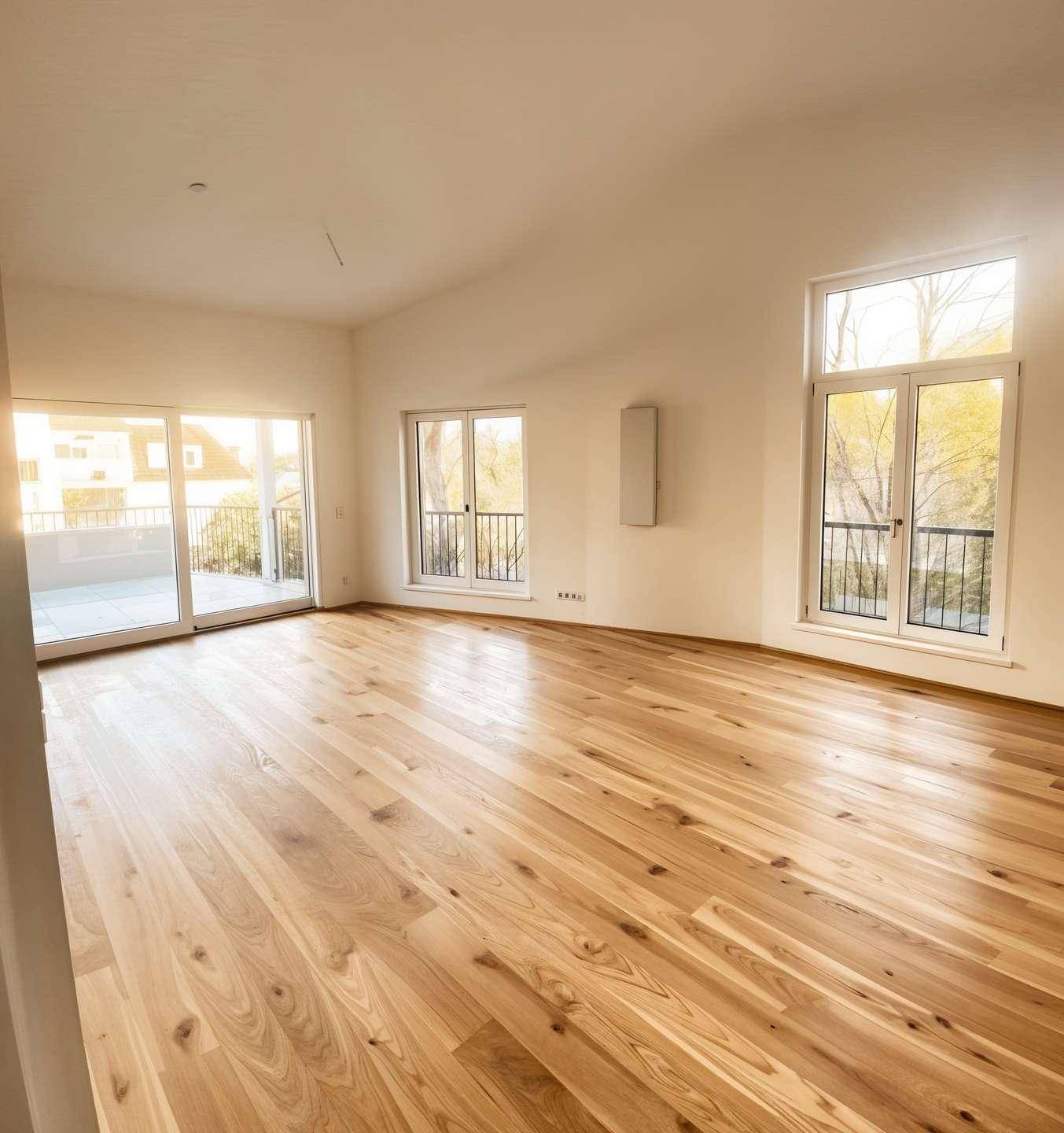 Geräumiges, leeres Wohnzimmer mit hellem Holzboden und großen Fenstern, die viel Licht hereinlassen.