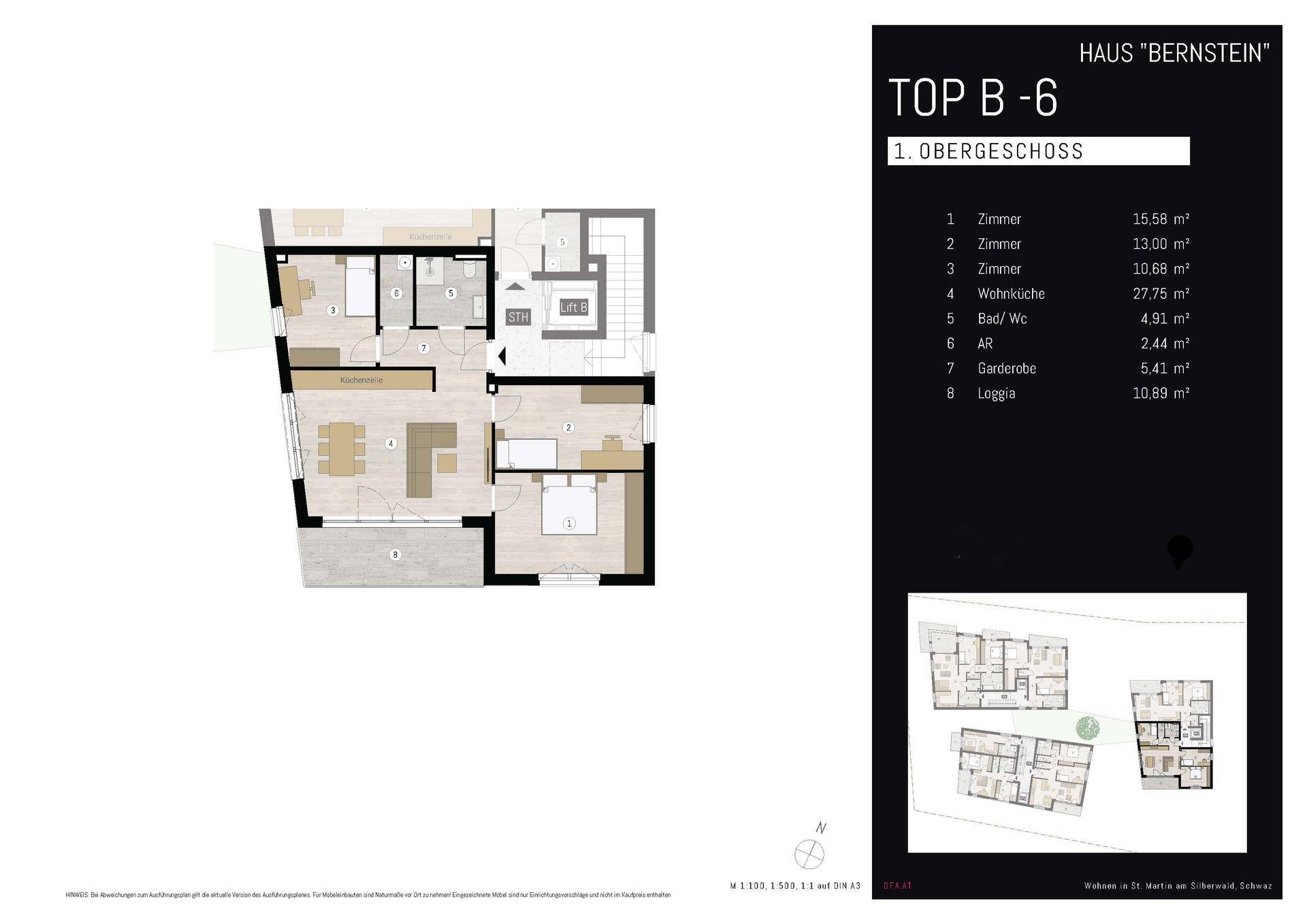 Grundriss einer Wohnung im ersten Obergeschoss mit drei Zimmern, offener Wohnküche, Bad, Garderobe und Loggia. Liftzugang vorhanden.