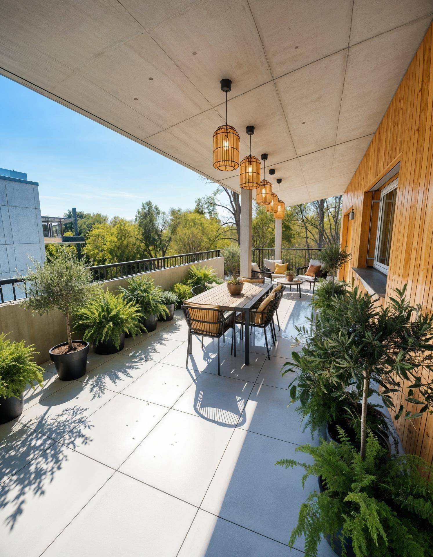 Große, möblierte Terrasse mit vielen Pflanzen und Essbereich, perfekt für Mahlzeiten im Freien.