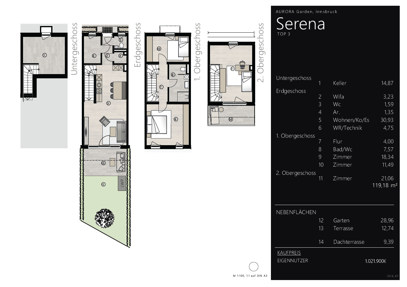 Grundrissplan eines mehrstöckigen Hauses mit offenem Wohnbereich, Garten, Terrasse und Dachterrasse.