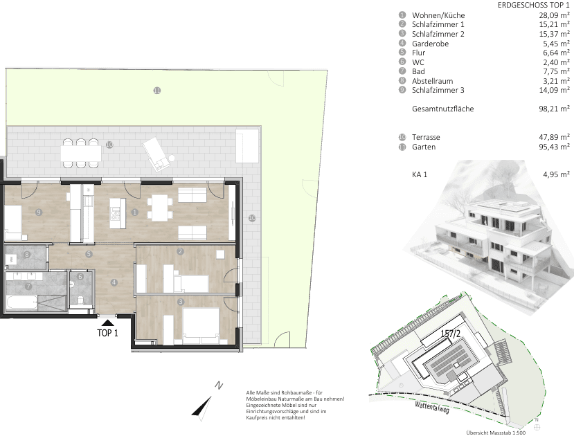 Detaillierter Grundriss des Erdgeschosses mit Wohnküche, Schlafzimmern und Terrasse.
