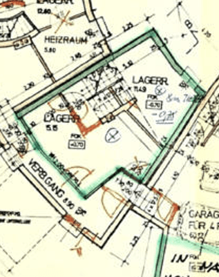 Grundriss des Untergeschosses mit Lager-, Heiz- und Garagenbereichen.