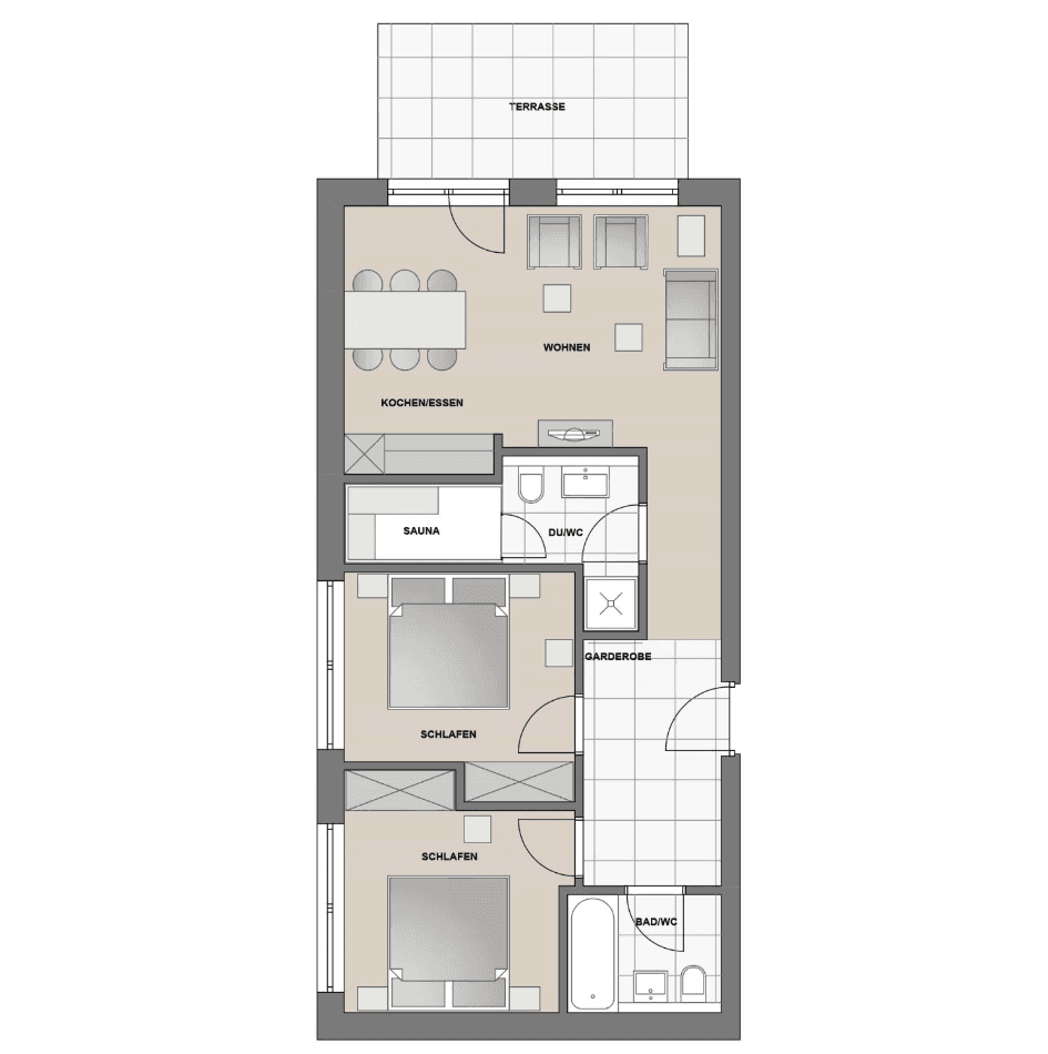Grundrissplan einer Wohnung mit zwei Schlafzimmern, Sauna und Terrasse.