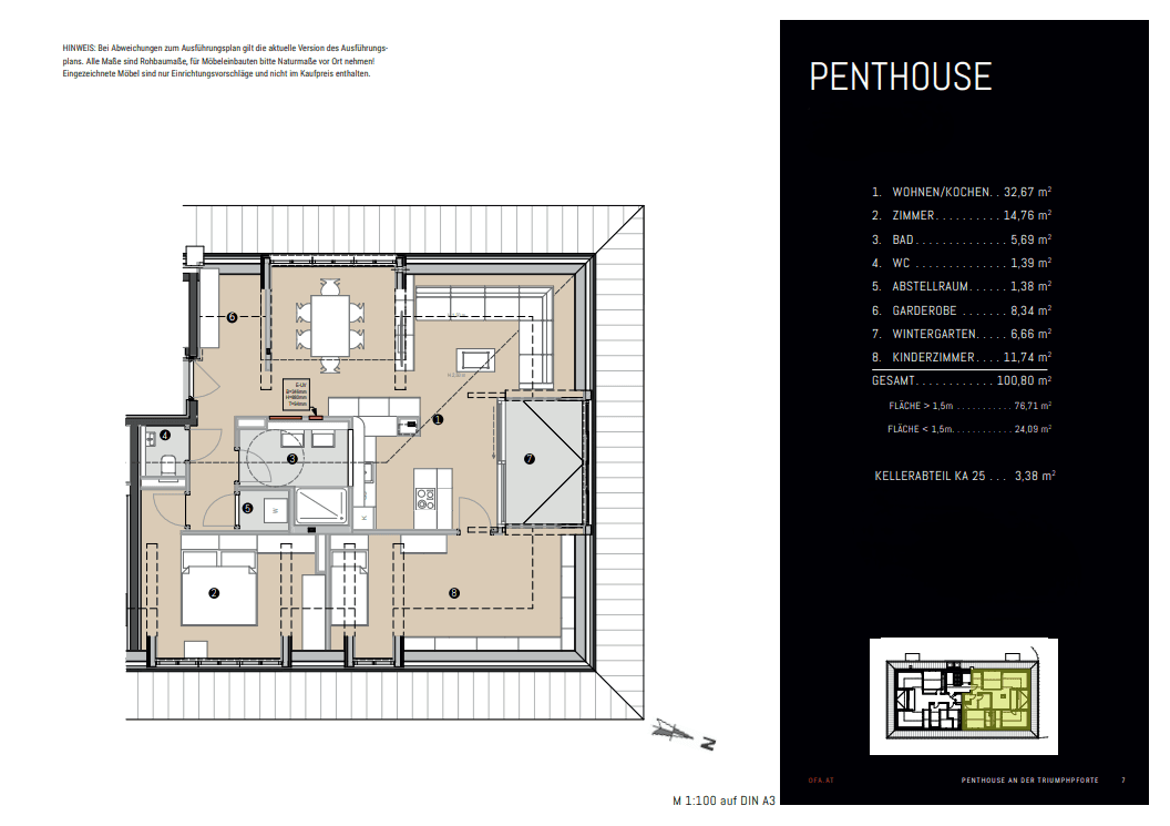 Grundriss einer Penthouse-Wohnung mit Wohn-/Kochbereich, Wintergarten und mehreren Zimmern.
