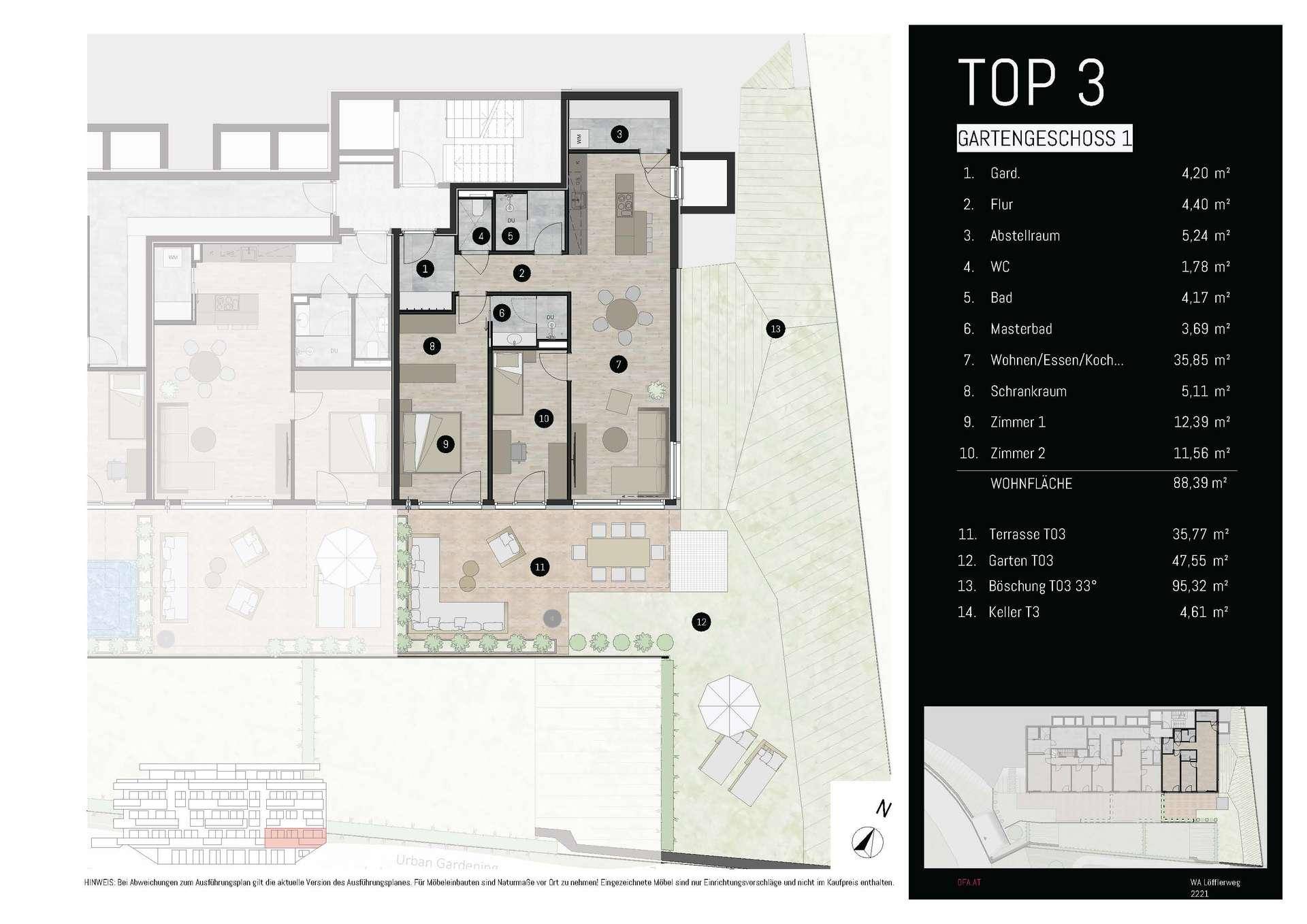 Grundriss der Wohnung TOP 3 im Gartengeschoss mit Terrasse und Gartenanteil.