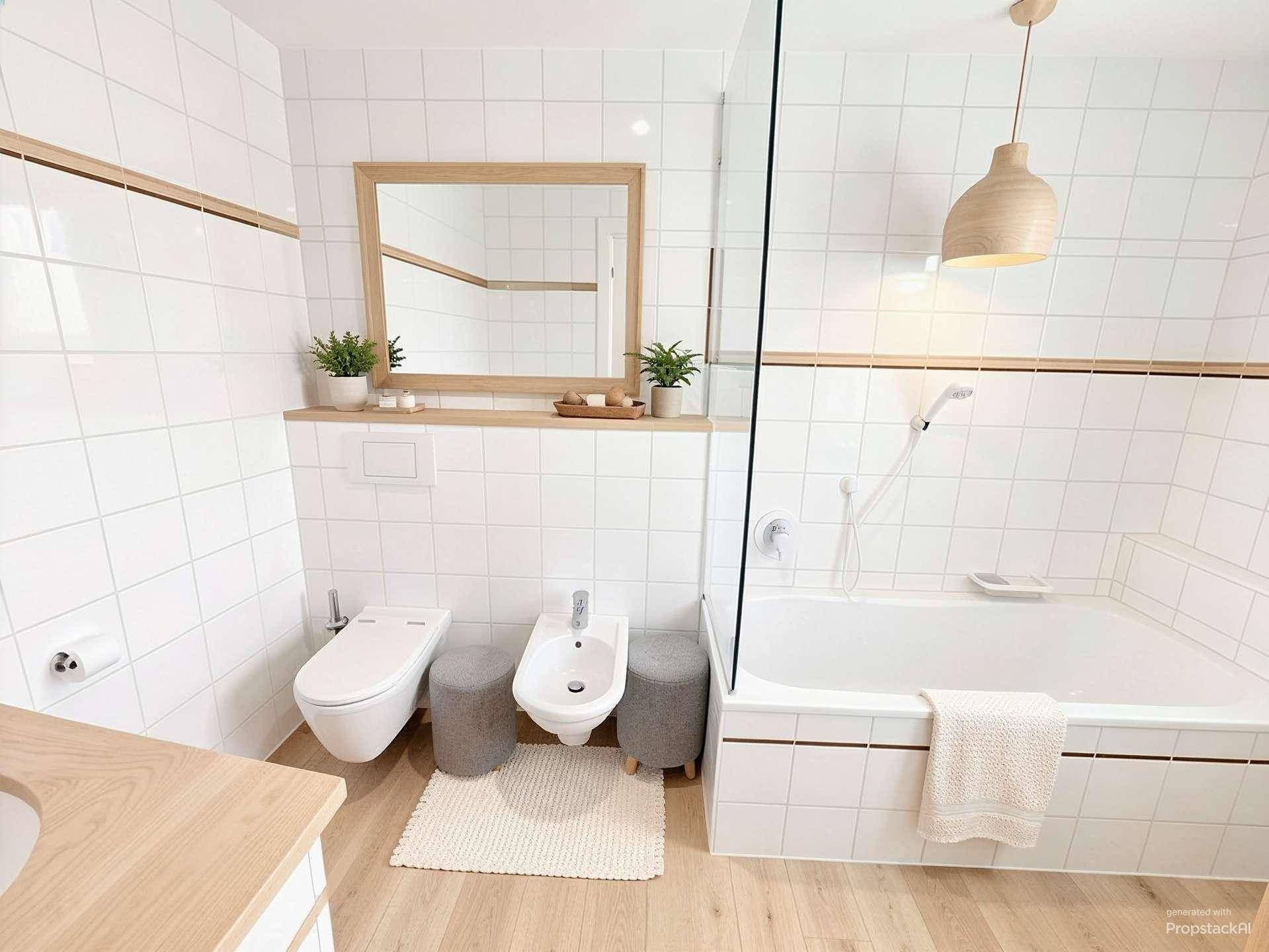 Modernes Badezimmer mit weißen Fliesen, Badewanne, Toilette, Bidet und Holzakzenten.