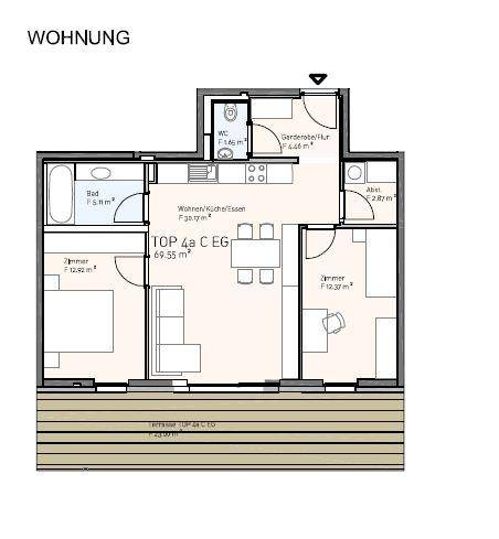 Grundriss einer Wohnung mit Wohn-/Küchenbereich, zwei Zimmern und Bad.