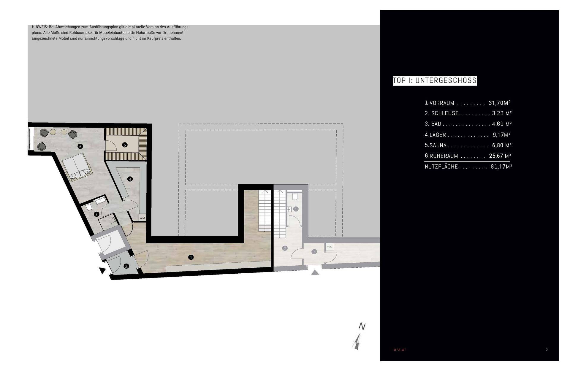 Grundriss des Untergeschosses mit Schlafzimmer, Bad, Sauna und Abstellraum.