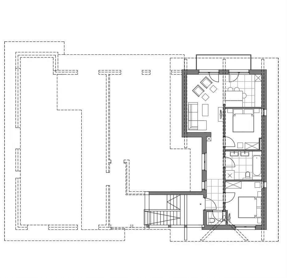 Grundrissplan einer Wohnung mit zwei Schlafzimmern, Bad und offenem Wohnbereich.