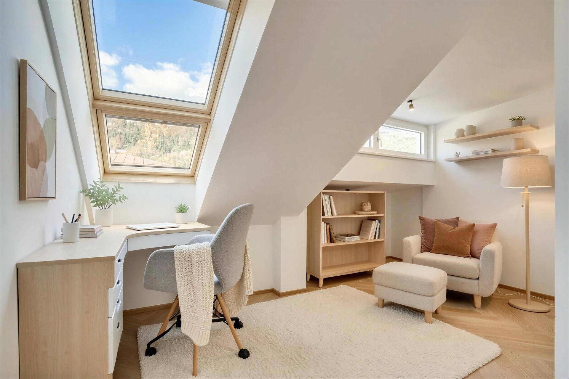 Helles Arbeitszimmer mit Schreibtisch, Bücherregal und Dachfenster für viel Tageslicht.