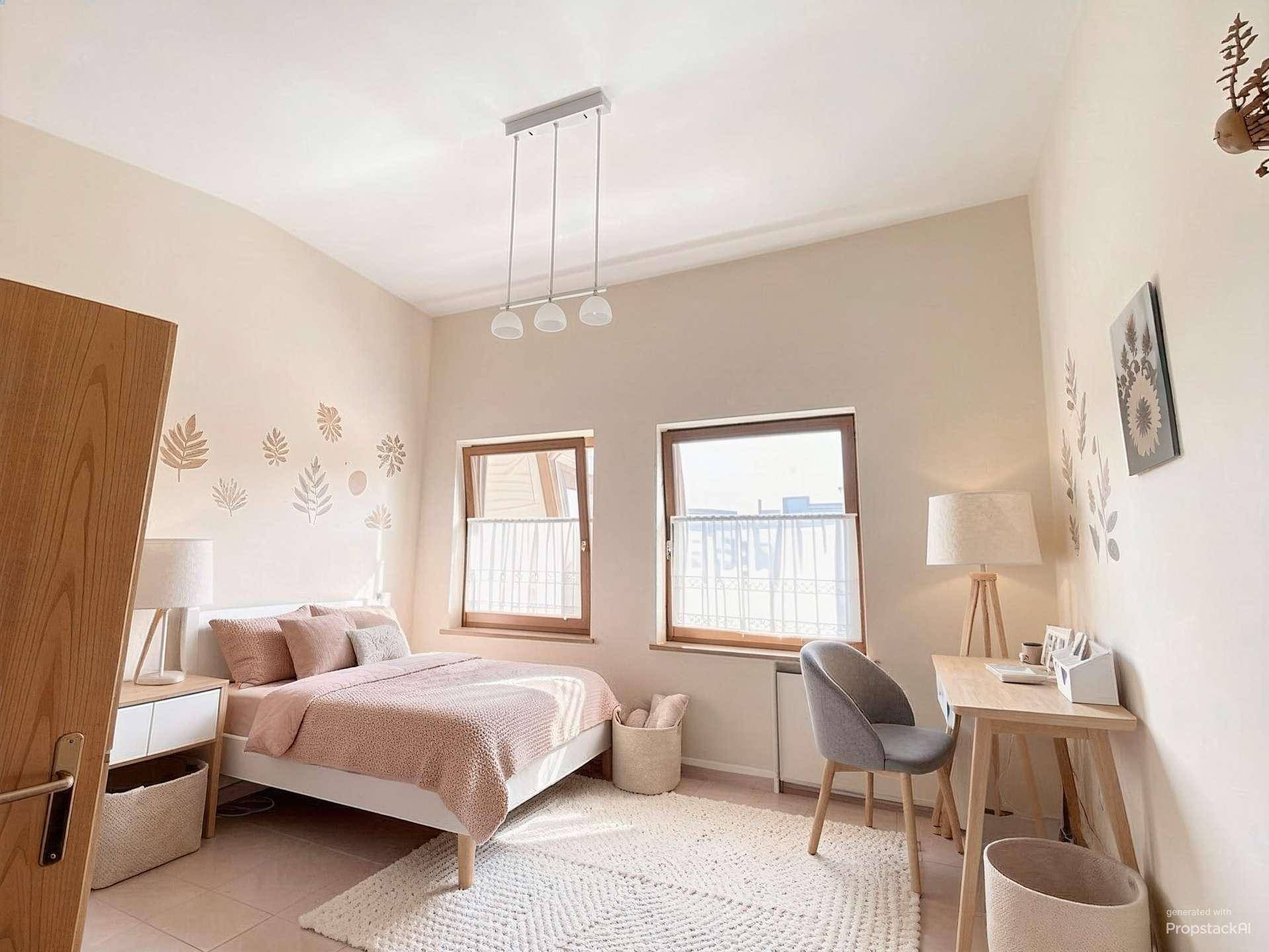 Freundliches Schlafzimmer mit Bett, Schreibtisch, Fliesenboden und zwei Fenstern für viel Tageslicht.