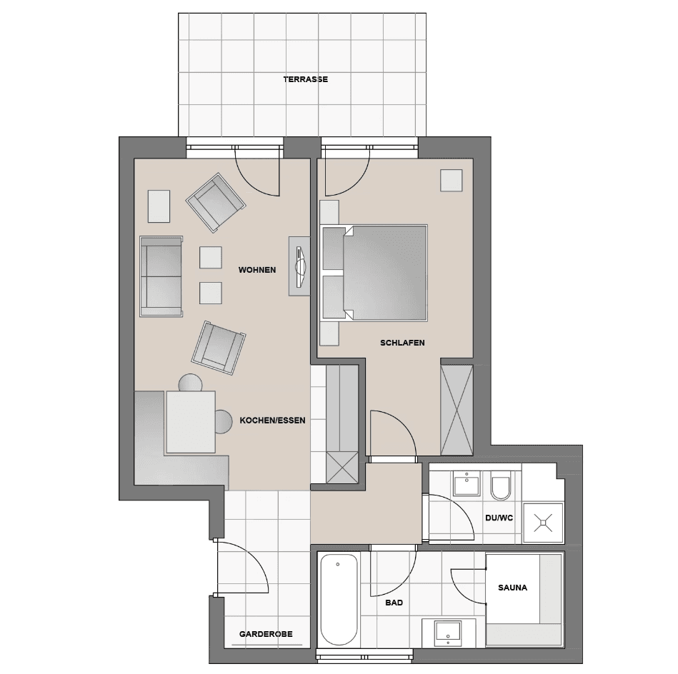 Grundriss einer Wohneinheit mit offenem Wohnbereich, Schlafzimmer, Bad und Terrasse.