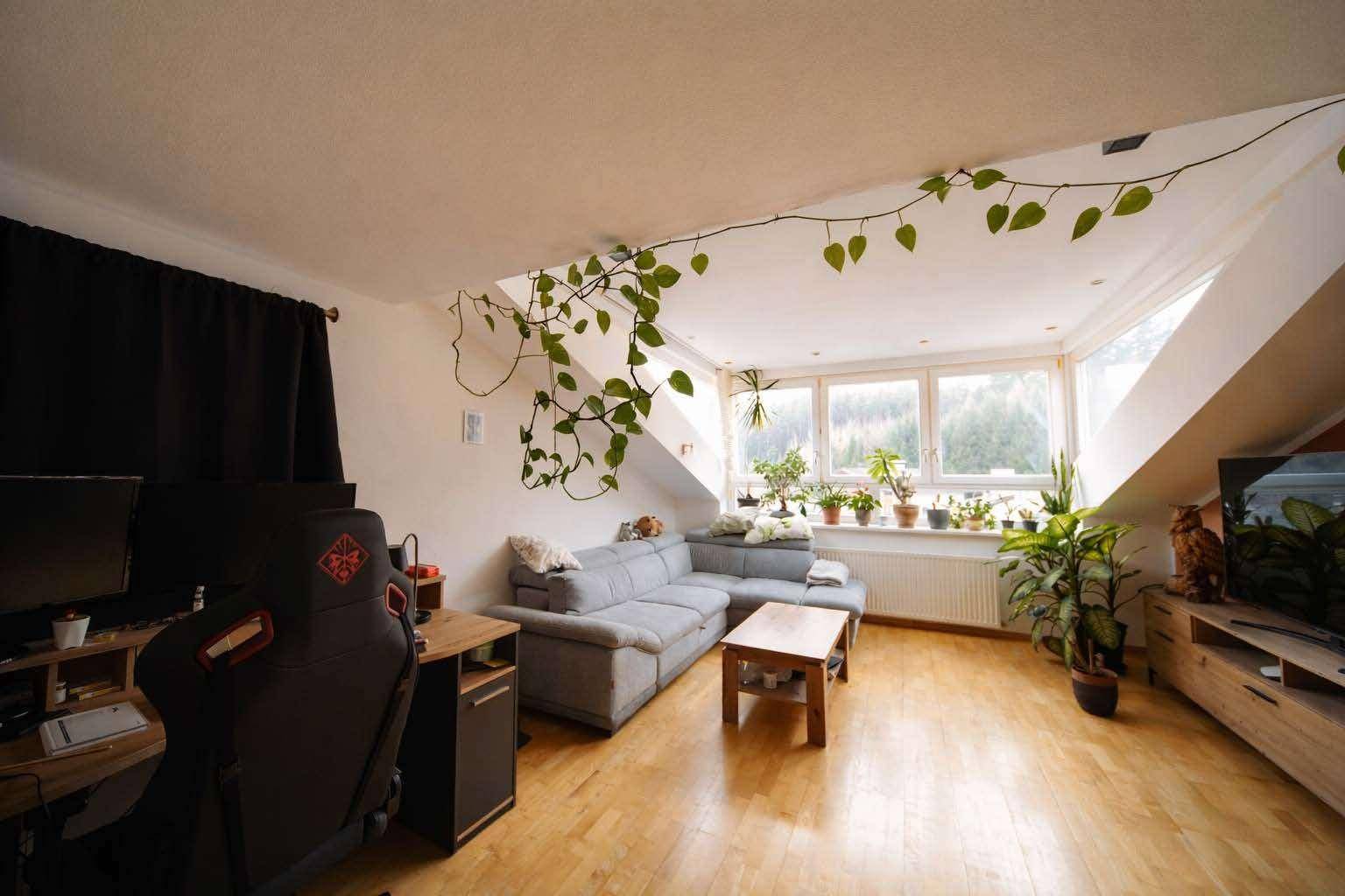 Helles Wohnzimmer mit Schrägdach, bequemer Couch und vielen Pflanzen am Fenster mit Grünblick.