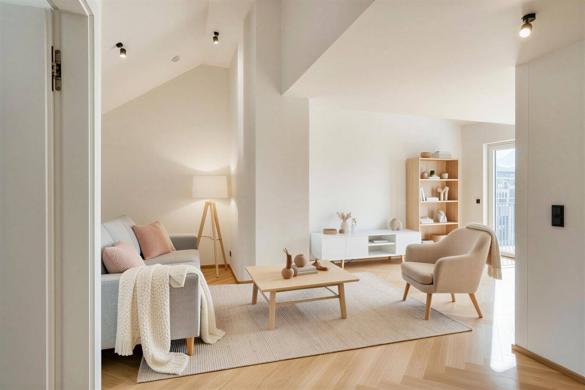 Gemütliches Wohnzimmer mit modernem Mobiliar, Holzboden und viel Tageslicht.
