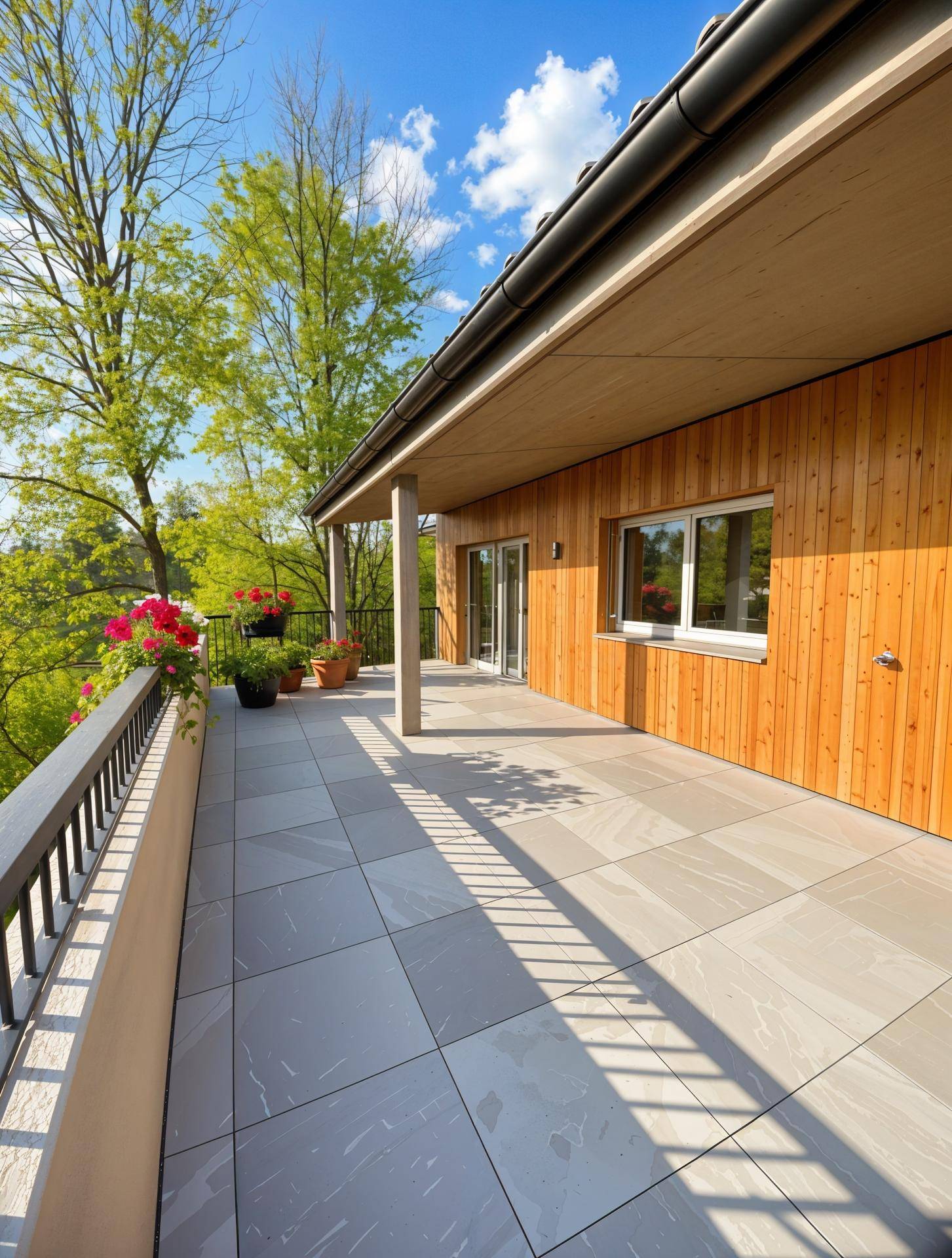 Geräumige, sonnige Terrasse mit Fliesenboden und Blick ins Grüne, ideal zum Entspannen.