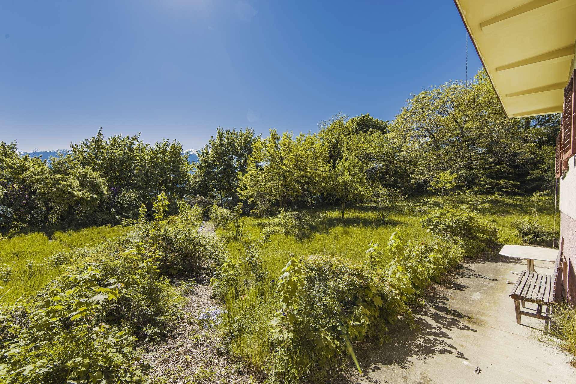 Einfache Terrasse mit Sitzgelegenheiten und direktem Zugang zum naturbelassenen, grünen Gartenbereich.