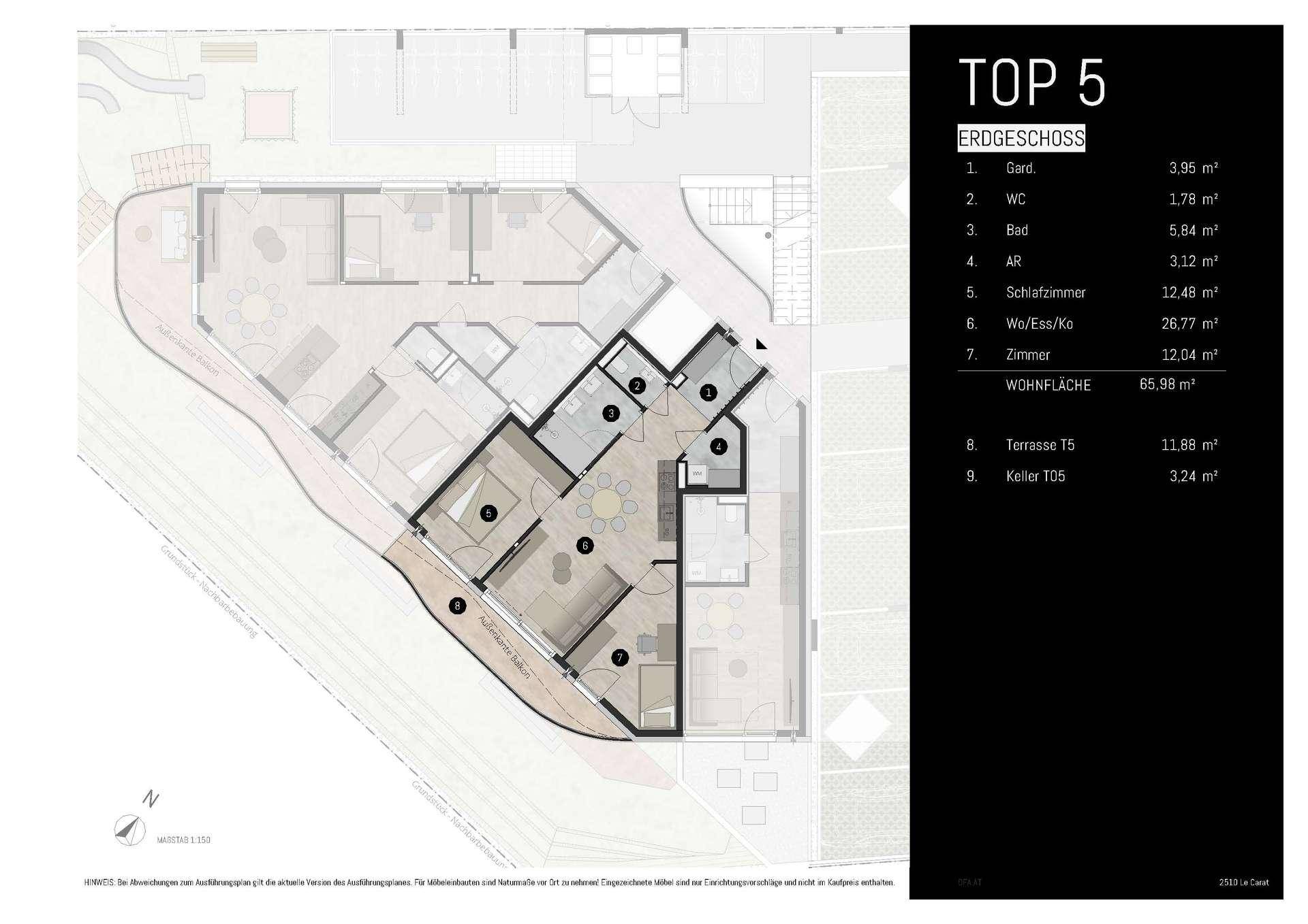 Grundriss der Erdgeschosswohnung "TOP 5" mit Wohn-/Essbereich, Schlafzimmern und Terrasse.