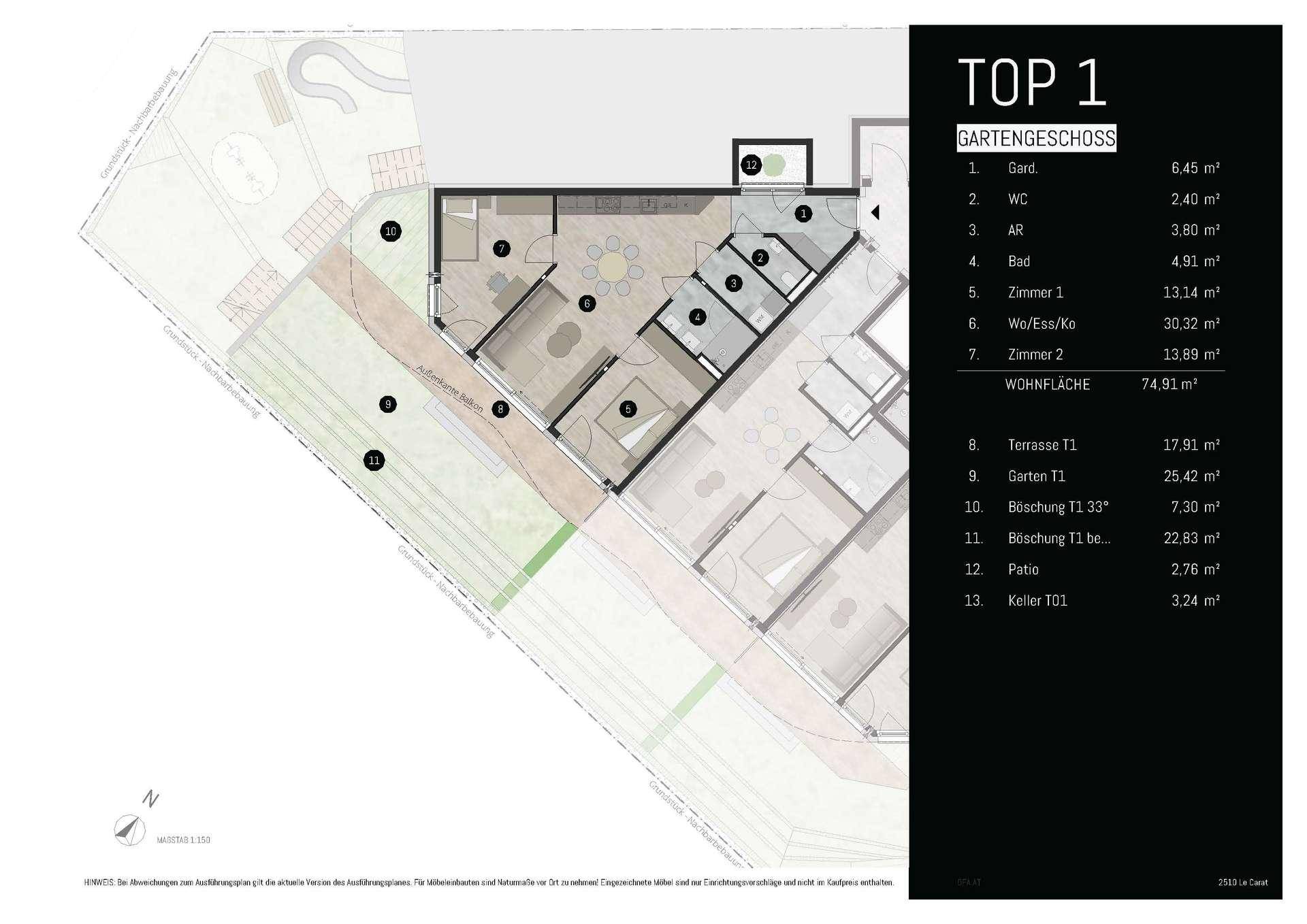 Detaillierter Grundriss der Gartengeschosswohnung "TOP 1" mit Terrasse und Gartenanteil.