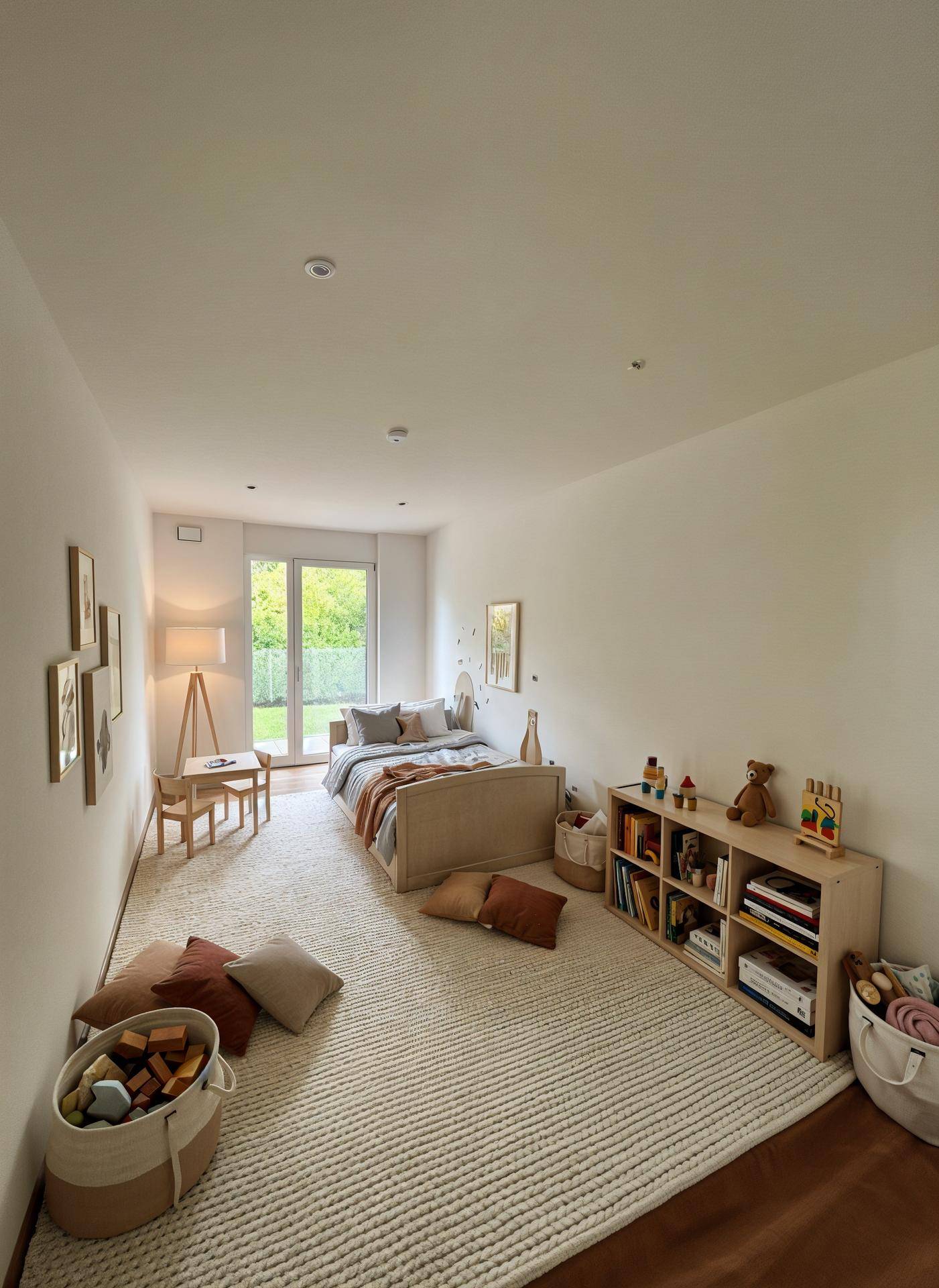 Helles Kinderzimmer mit großem Teppich, Spielzeugregalen und Zugang zum Garten.
