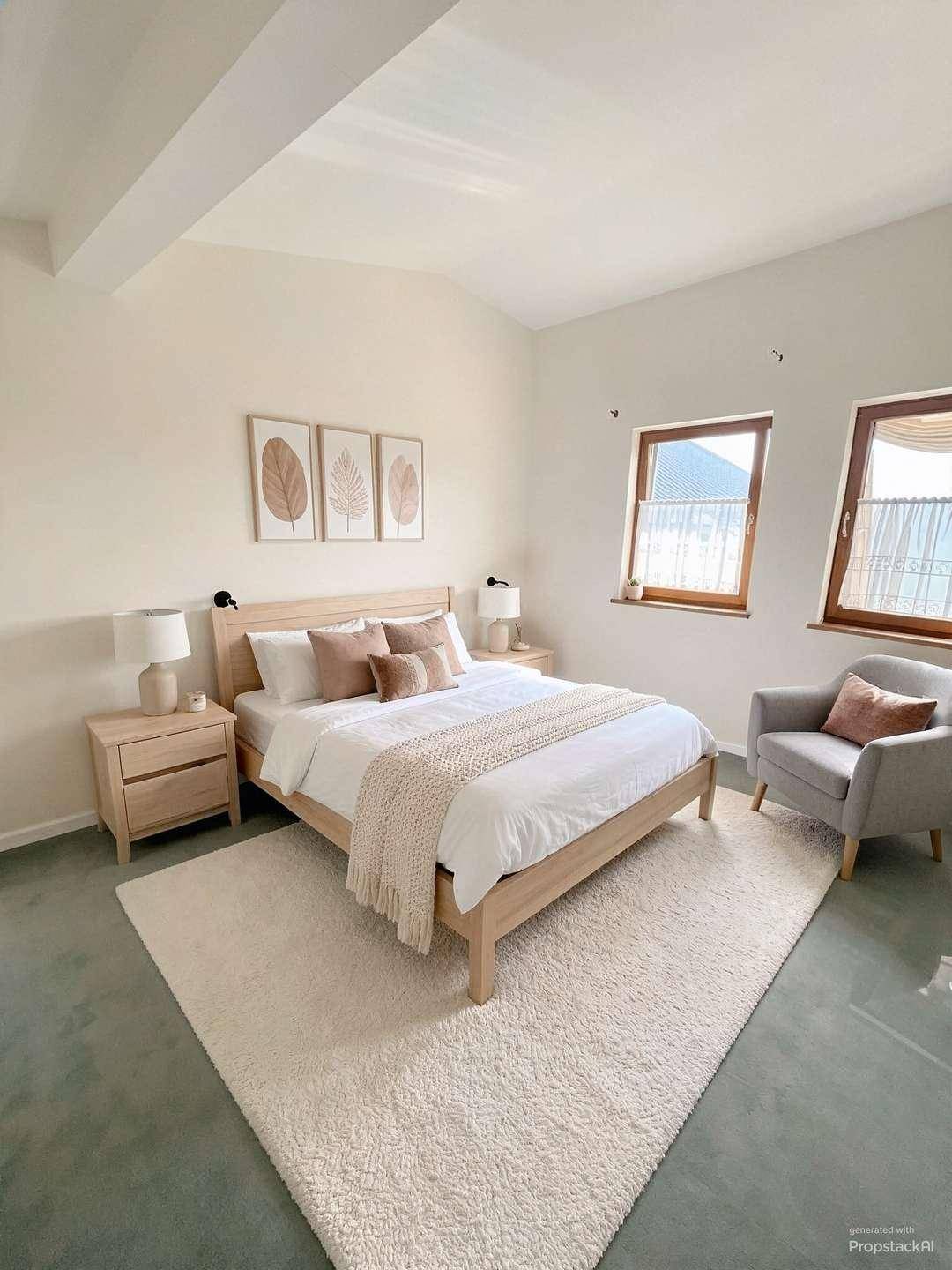 Gemütliches Schlafzimmer mit Holzbett, Teppichboden und zwei Fenstern, die viel Tageslicht hereinlassen.
