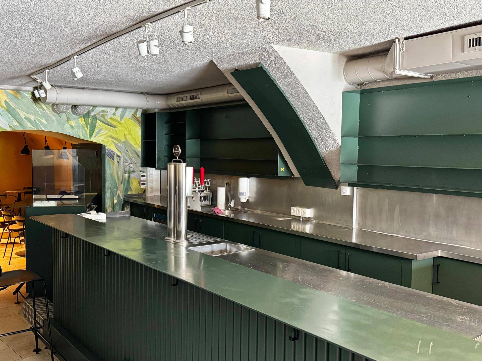 Professioneller Thekenbereich einer Bar mit dunkelgrünen Schränken, Edelstahlflächen und Zapfanlage.