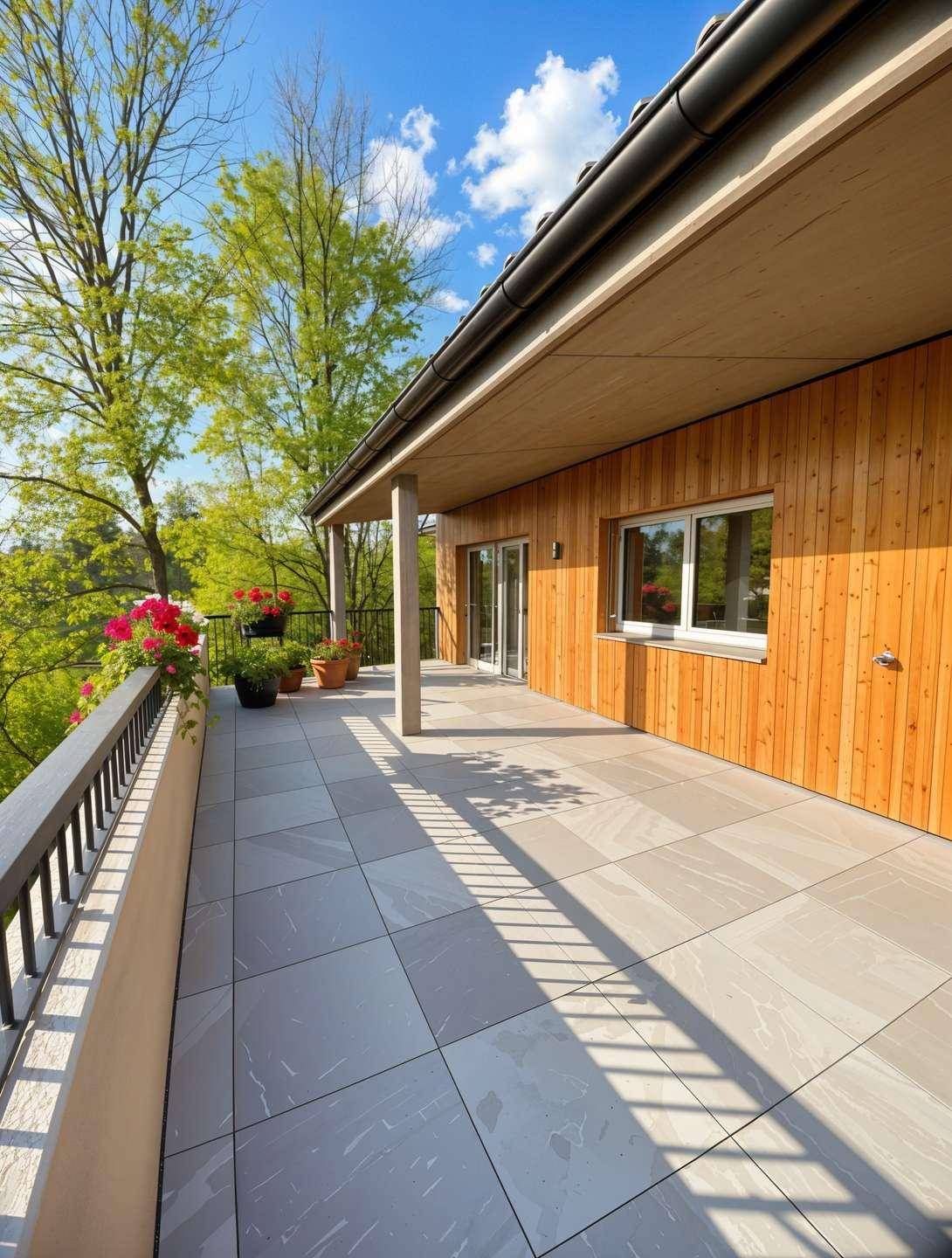 Große, sonnige Terrasse mit Fliesenboden und Holzverkleidung, umgeben von grünen Bäumen.