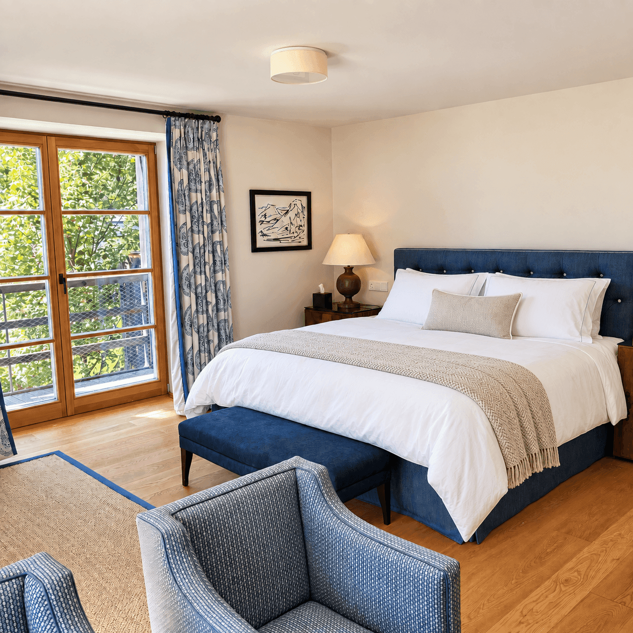 Helles Schlafzimmer mit Holzboden, großem Doppelbett und Zugang zu einem französischen Balkon.