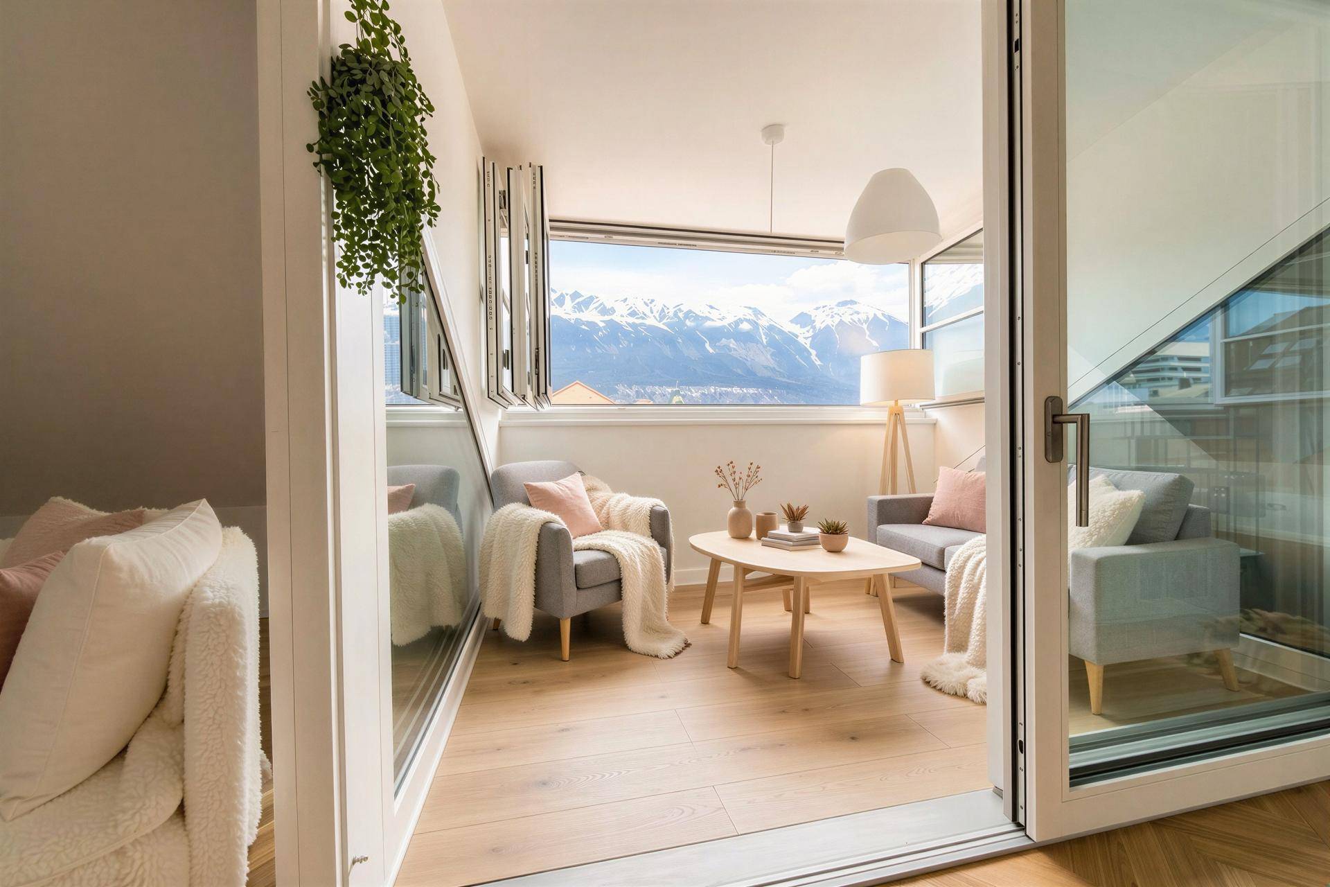 Heller, verglaster Balkon mit bequemen Möbeln und Panoramablick auf die umliegende Bergwelt.